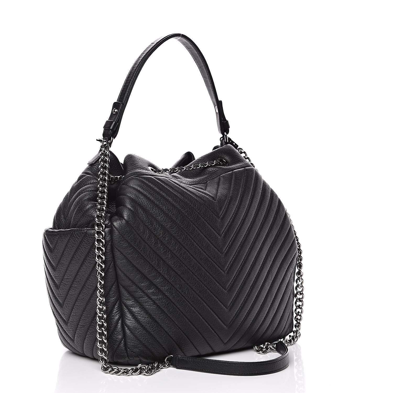 Chanel Deerskin Chevron Large CC Chain Bucket Drawstring Bag Black 3 of 10