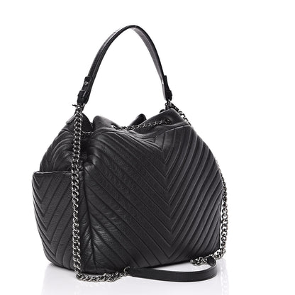 Chanel Deerskin Chevron Large CC Chain Bucket Drawstring Bag Black 3 of 10