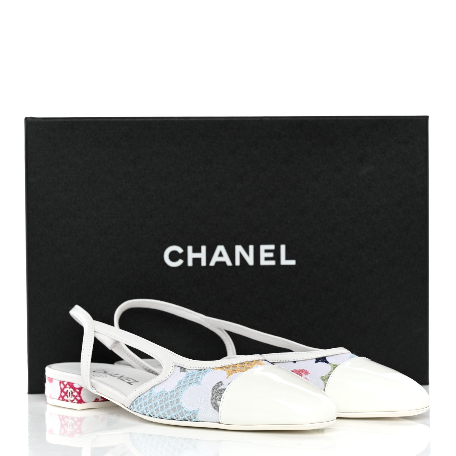 Chanel Patent Cap Toe Fabric Floral Mesh CC Slingback Flats