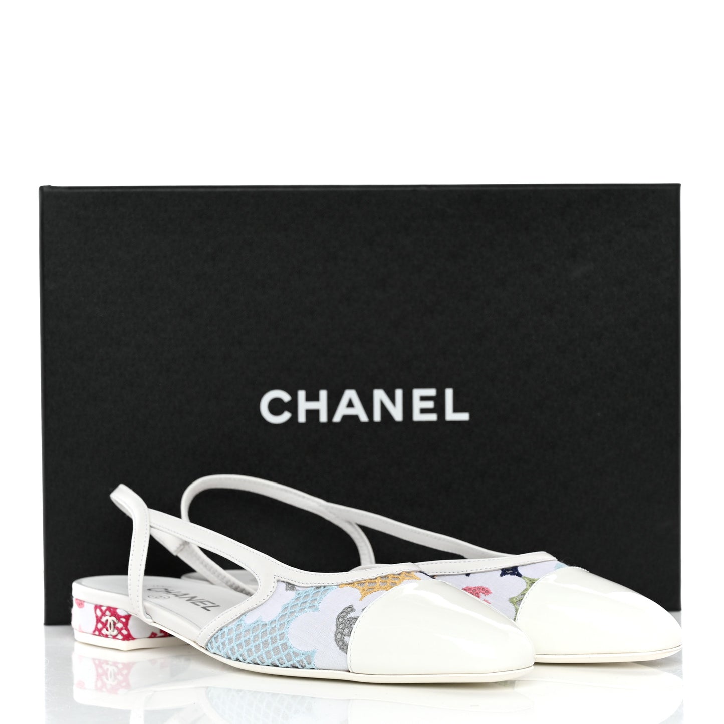 Cotton Guipure Patent Embroidered Floral Cap Toe CC Slingback Flats 37.5 White Multicolor