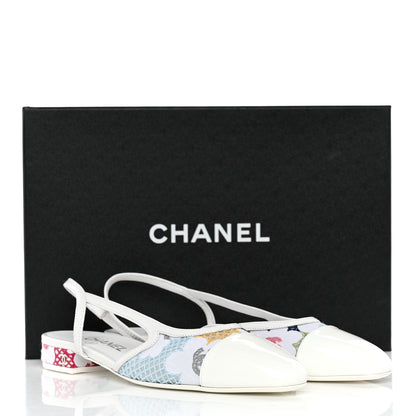 Chanel Cotton Guipure Patent Embroidered Floral Cap Toe CC Slingback Flats 37.5 White Multicolor 9 of 9