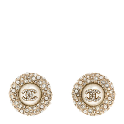 Chanel Pearl Crystal CC Round Earrings Light Gold 1 of 5