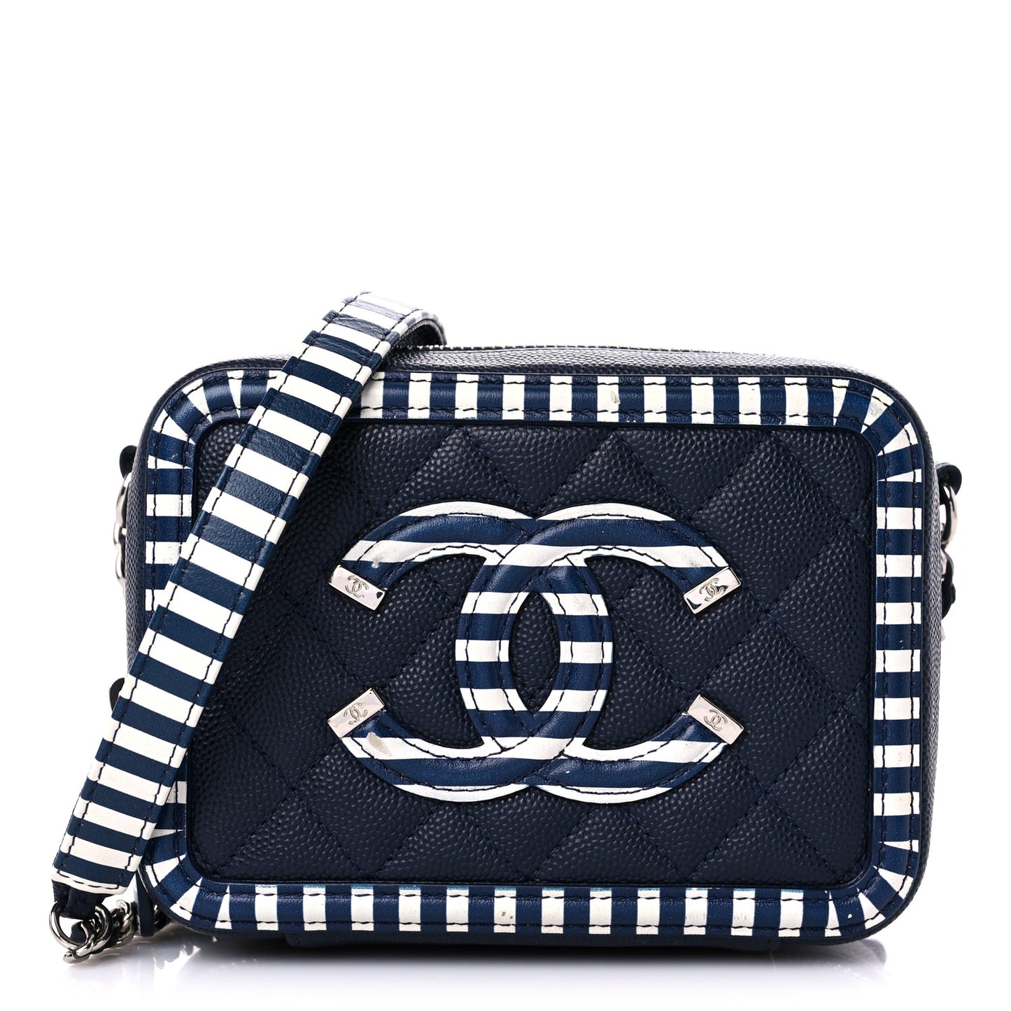 Caviar Quilted Striped Filigree Vanity Clutch With Chain Navy White
