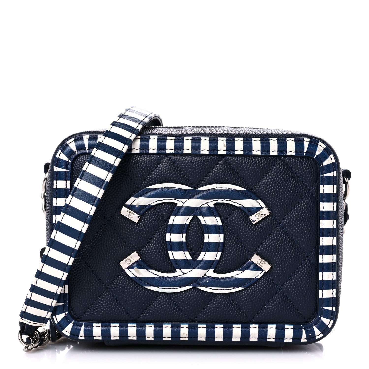 Chanel Caviar Quilted Striped Filigree Vanity Clutch With Chain Navy White 1 of 12