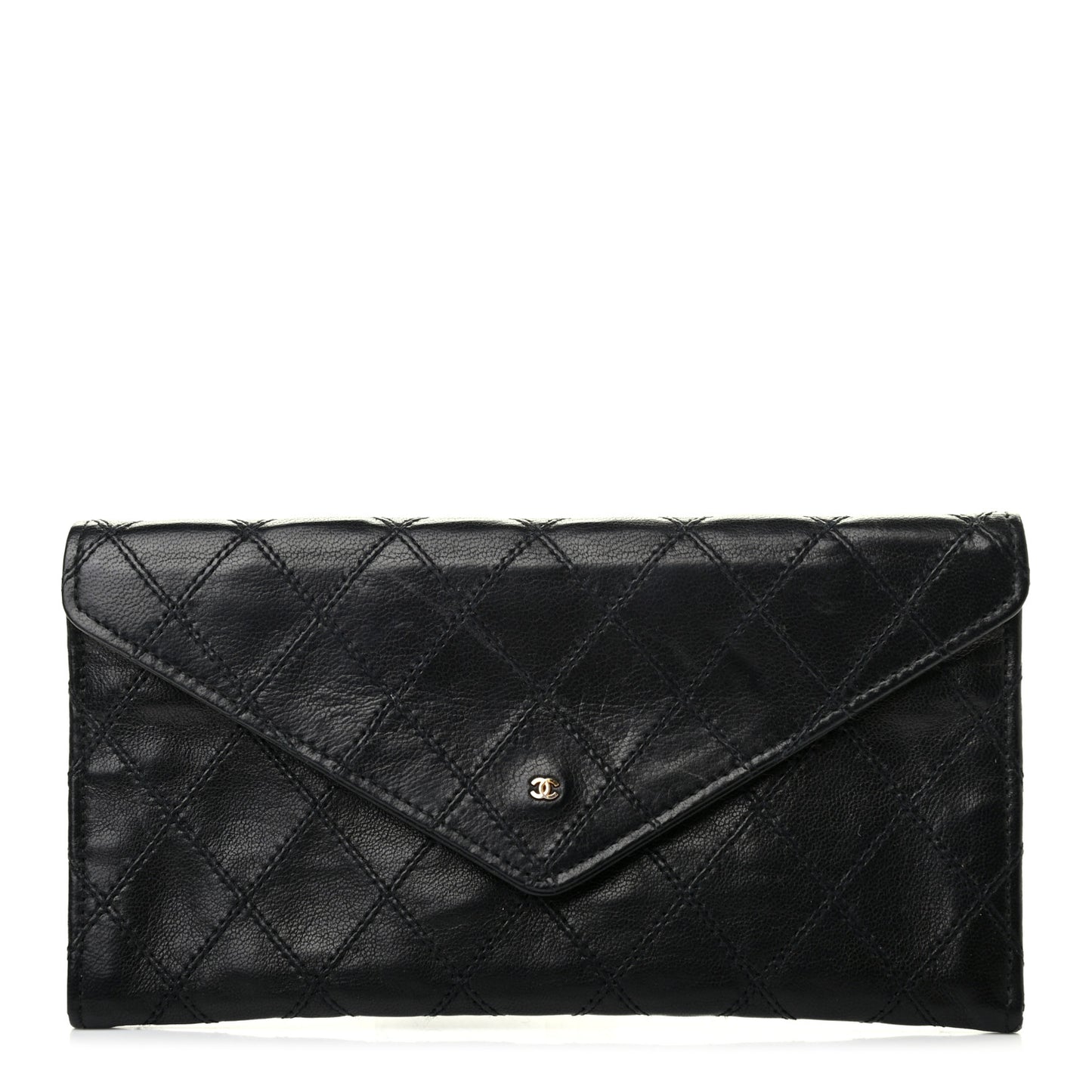Lambskin Diamond Stitched Envelope Long Flap Wallet Black