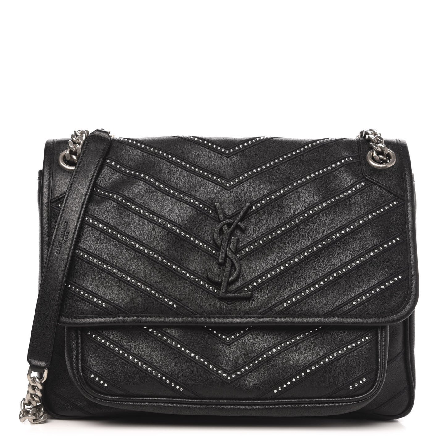 Lambskin Matelasse Monogram Microstud Medium Niki Chain Satchel Black