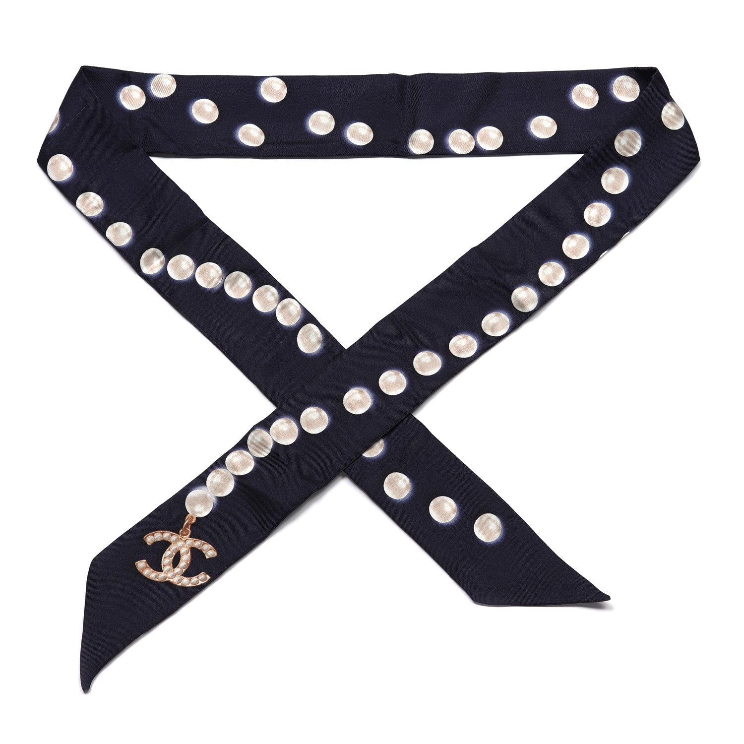 Chanel Silk Pearl CC Slim Bandeau Scarf Navy 1 of 3