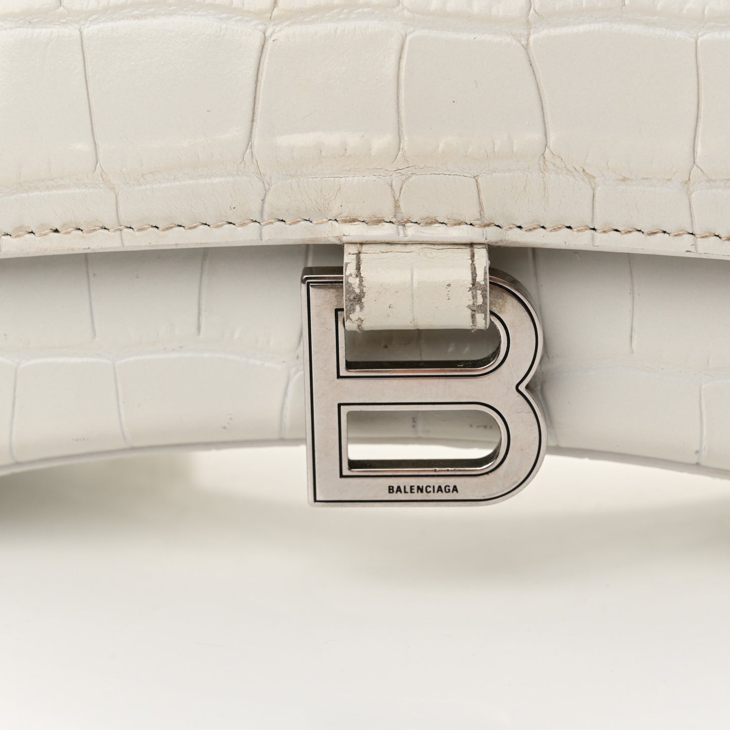 Calfskin Crocodile Embossed Small Hourglass Top Handle Bag White