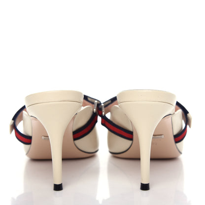 Gucci Malaga Kid Sylvie Web Cross Strap Mid-Heel Slides 39 Vintage White 7 of 11