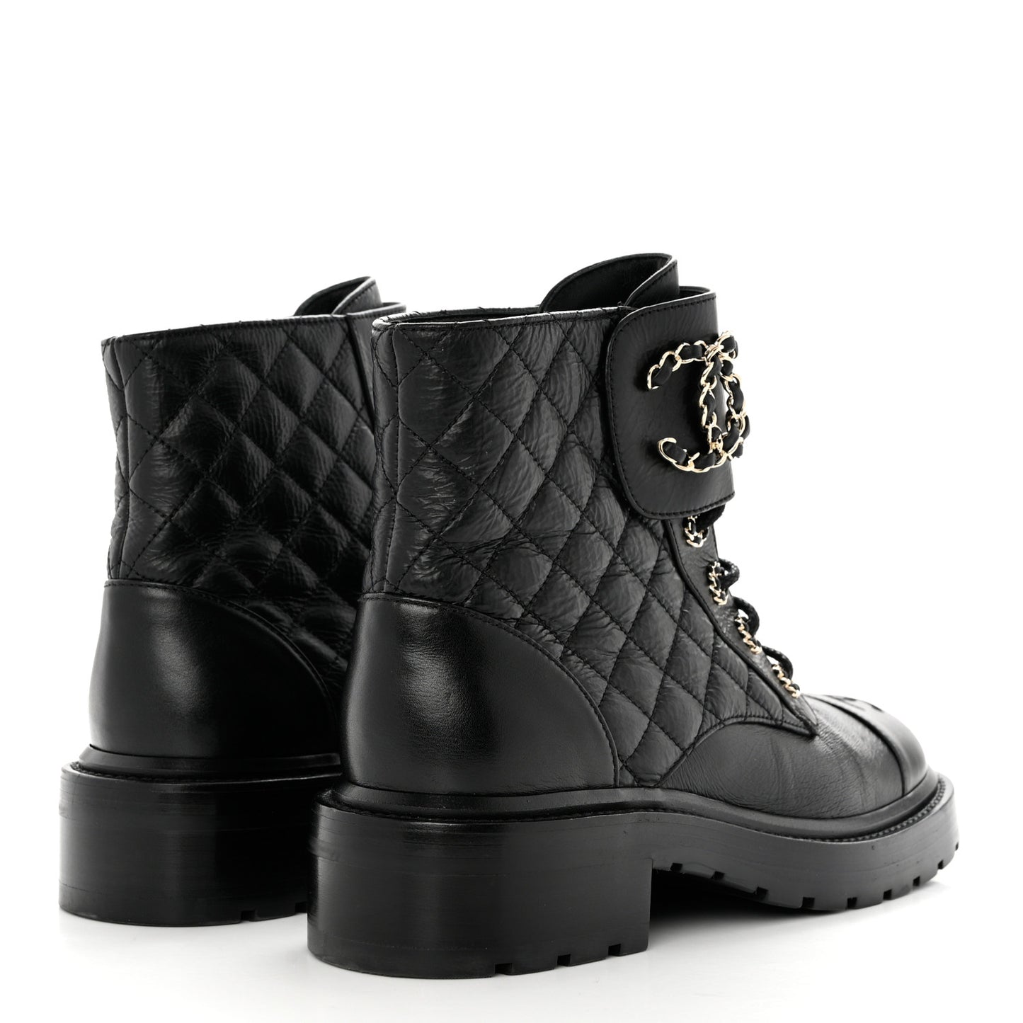Shiny Goatskin Calfskin Quilted Lace Up Combat Boots 38 Black