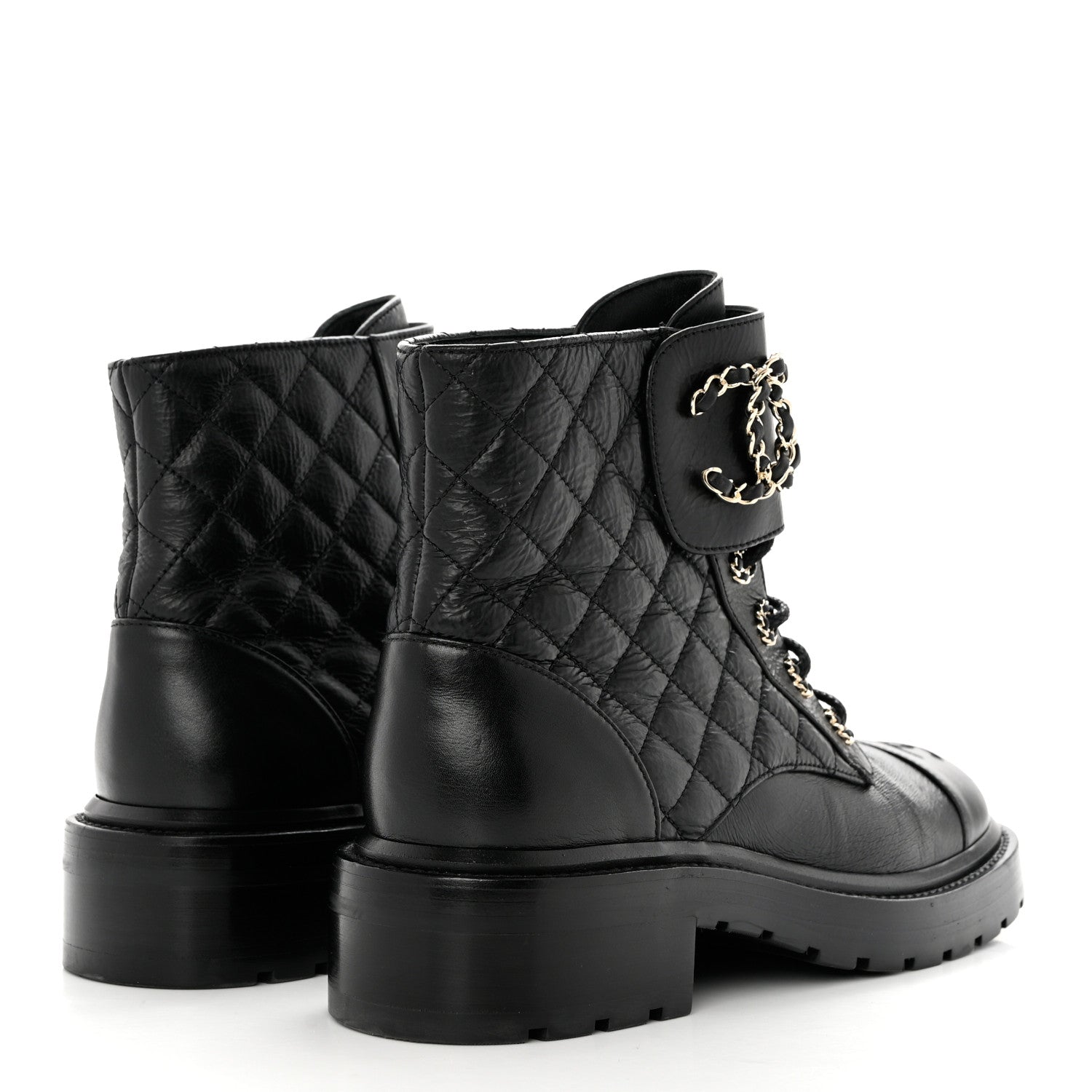 Chanel Shiny Goatskin Calfskin Quilted Lace Up Combat Boots 38 Black 4 of 9