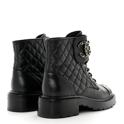 Chanel Shiny Goatskin Calfskin Quilted Lace Up Combat Boots 38 Black 4 of 9
