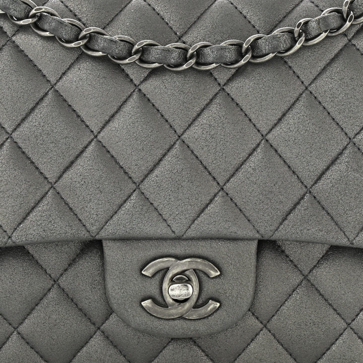 Metallic Lambskin Quilted Medium Double Flap Pewter