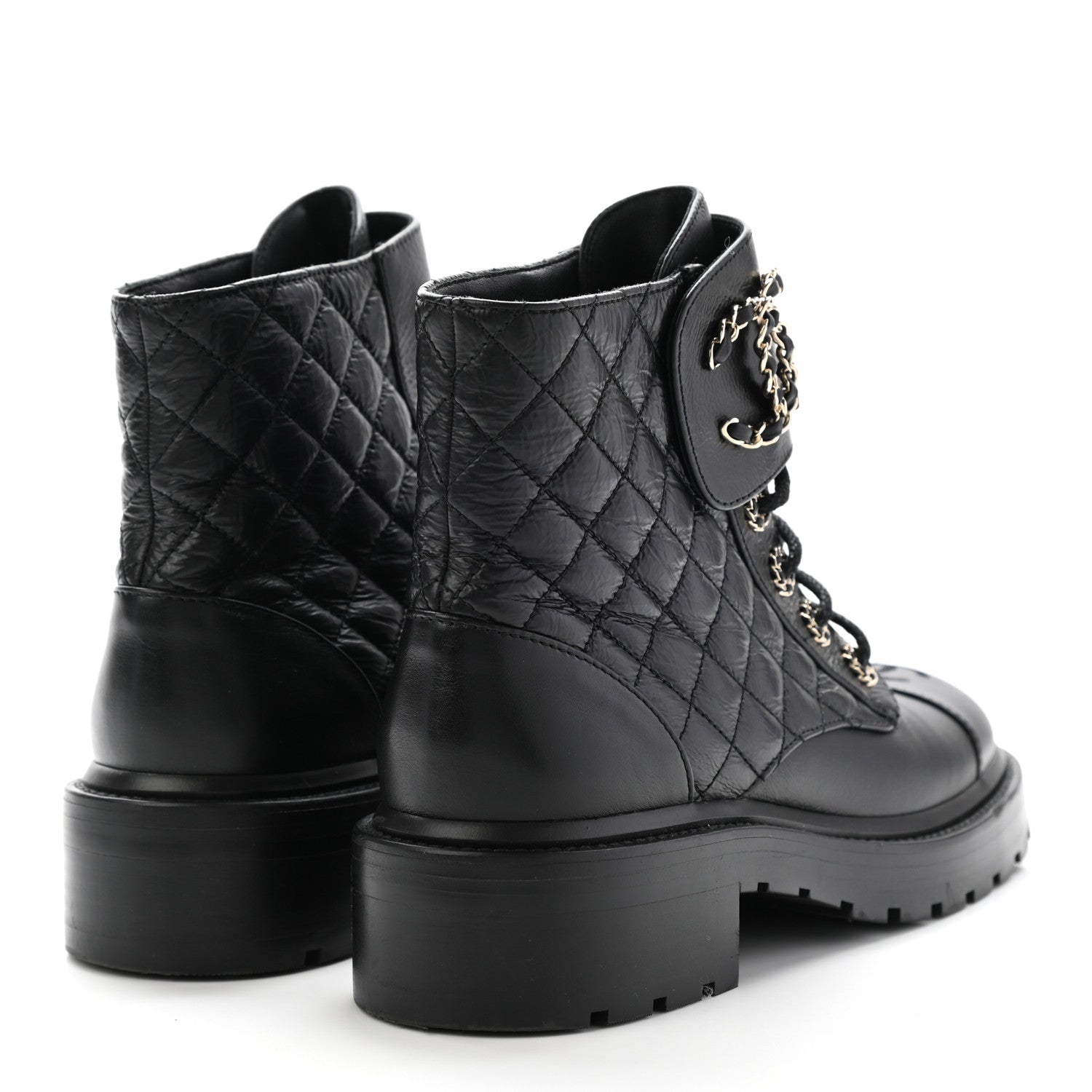 Chanel Shiny Goatskin Calfskin Quilted Lace Up Combat Boots 38 Black 4 of 14