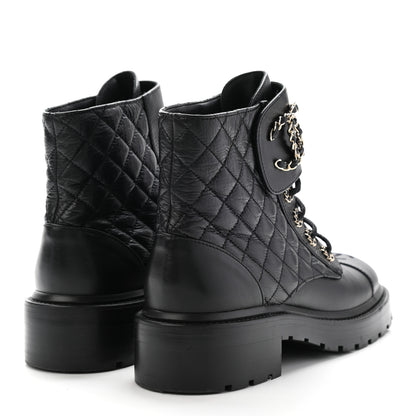 Chanel Shiny Goatskin Calfskin Quilted Lace Up Combat Boots 38 Black 4 of 14