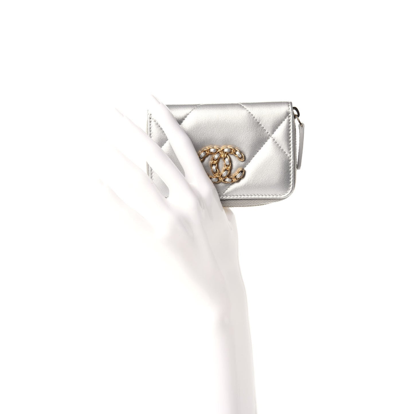 Metallic Goatskin Quilted 19 Zip Around Coin Purse Wallet Silver