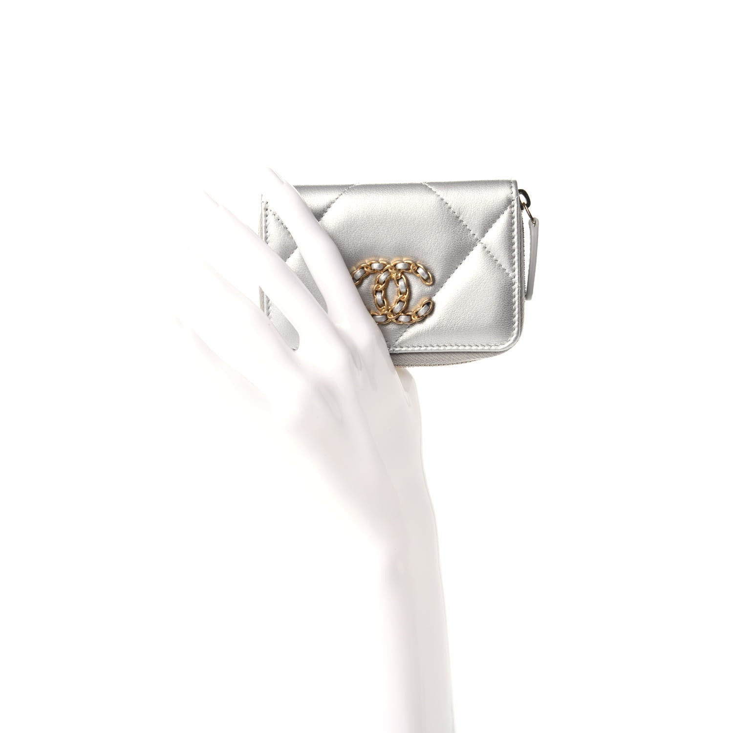 Chanel Metallic Goatskin Quilted 19 Zip Around Coin Purse Wallet Silver 2 of 8