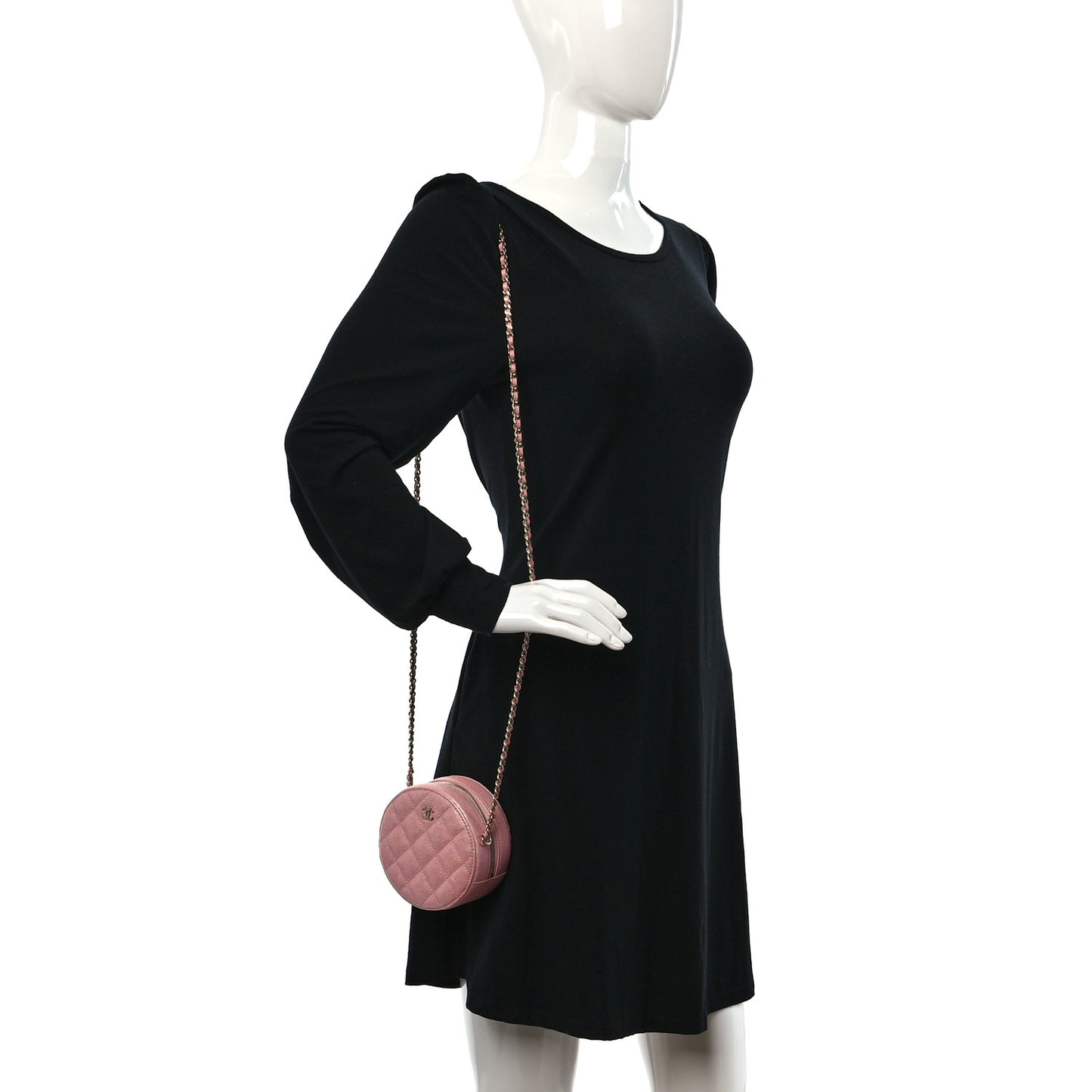 Iridescent Caviar Quilted Round Clutch With Chain Pink