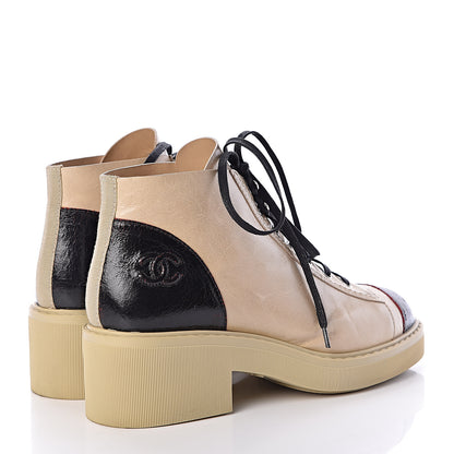 Chanel Crumpled Calfskin Lace Up Short Boots 38 Beige Black 4 of 8
