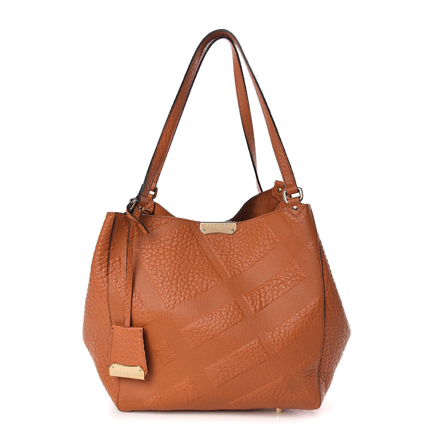 Signature Grain Calfskin Check Embossed Small Canterbury Tote Copper Orange