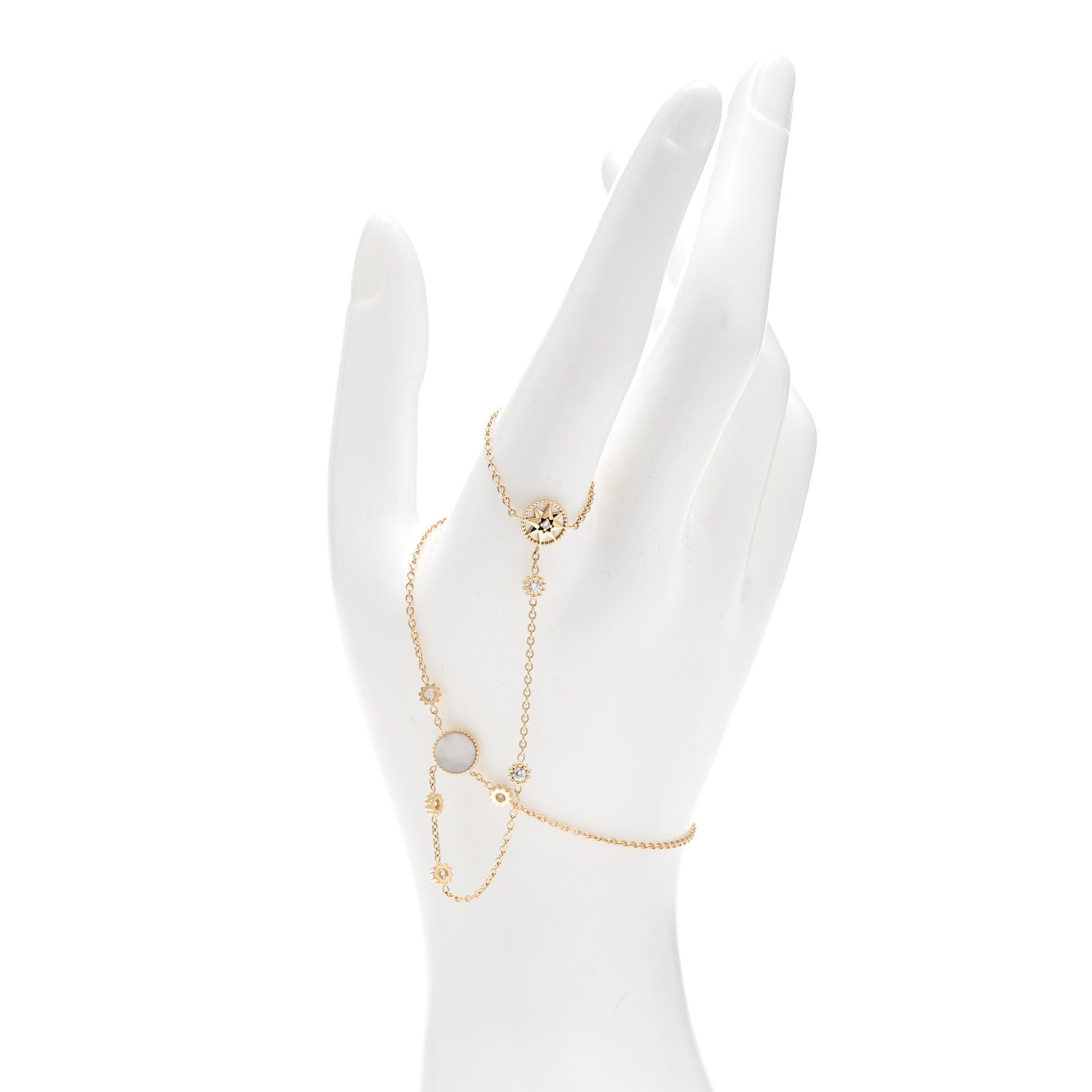 Christian Dior 18K Yellow Gold Diamond Mother of Pearl Rose Des Vents Hand Jewel Bracelet 2 of 6