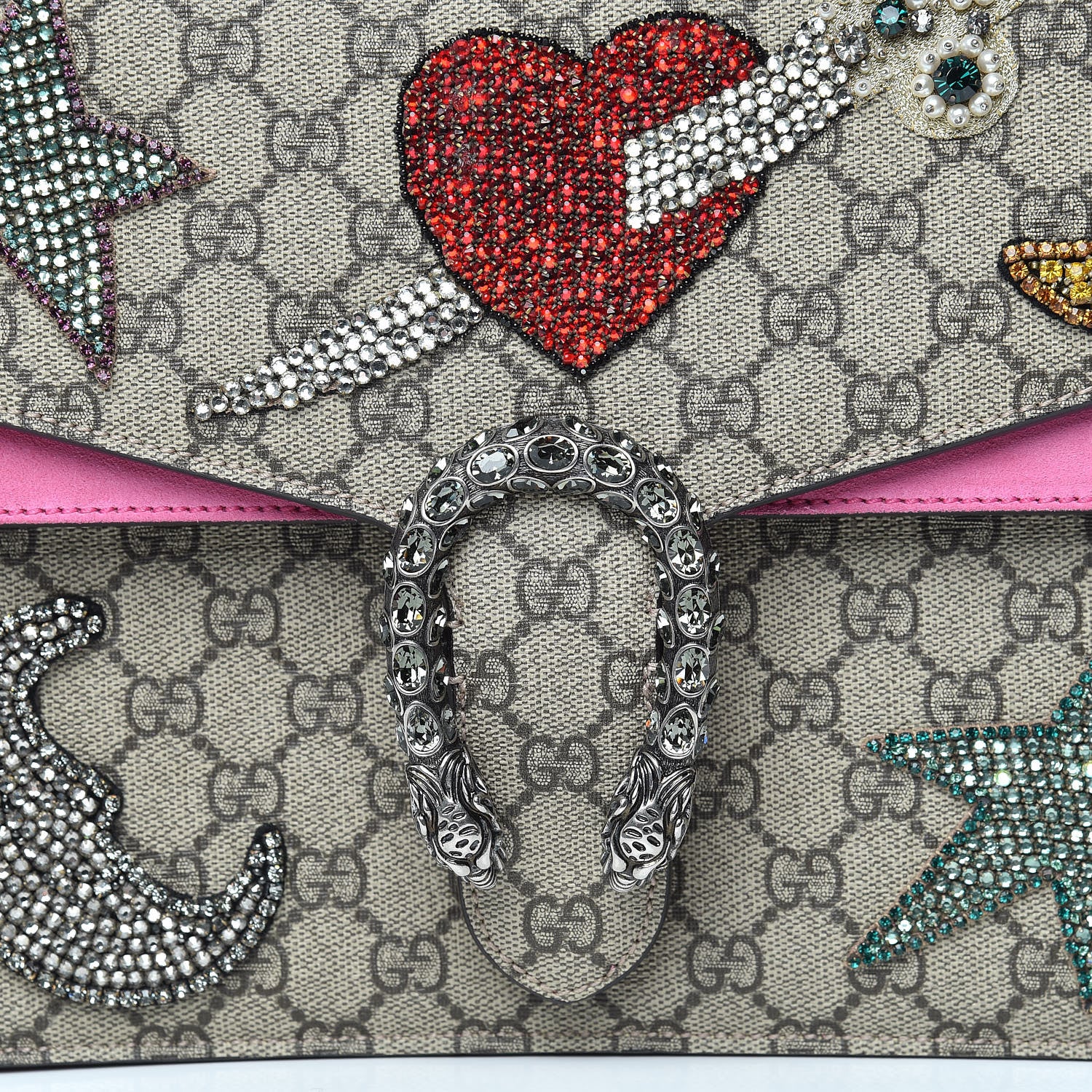 Gucci GG Supreme Monogram Suede Pierced Heart Embroidered Medium Dionysus Shoulder Bag Beige Ebony Pink Tropical Flower 10 of 20