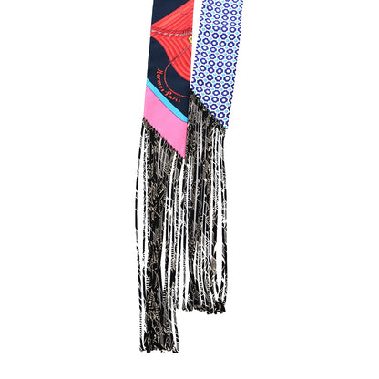 Hermes Silk Clic Clac Modern Cannage Fringed Twilly Rose Vif Bleu Rouge 2 of 3