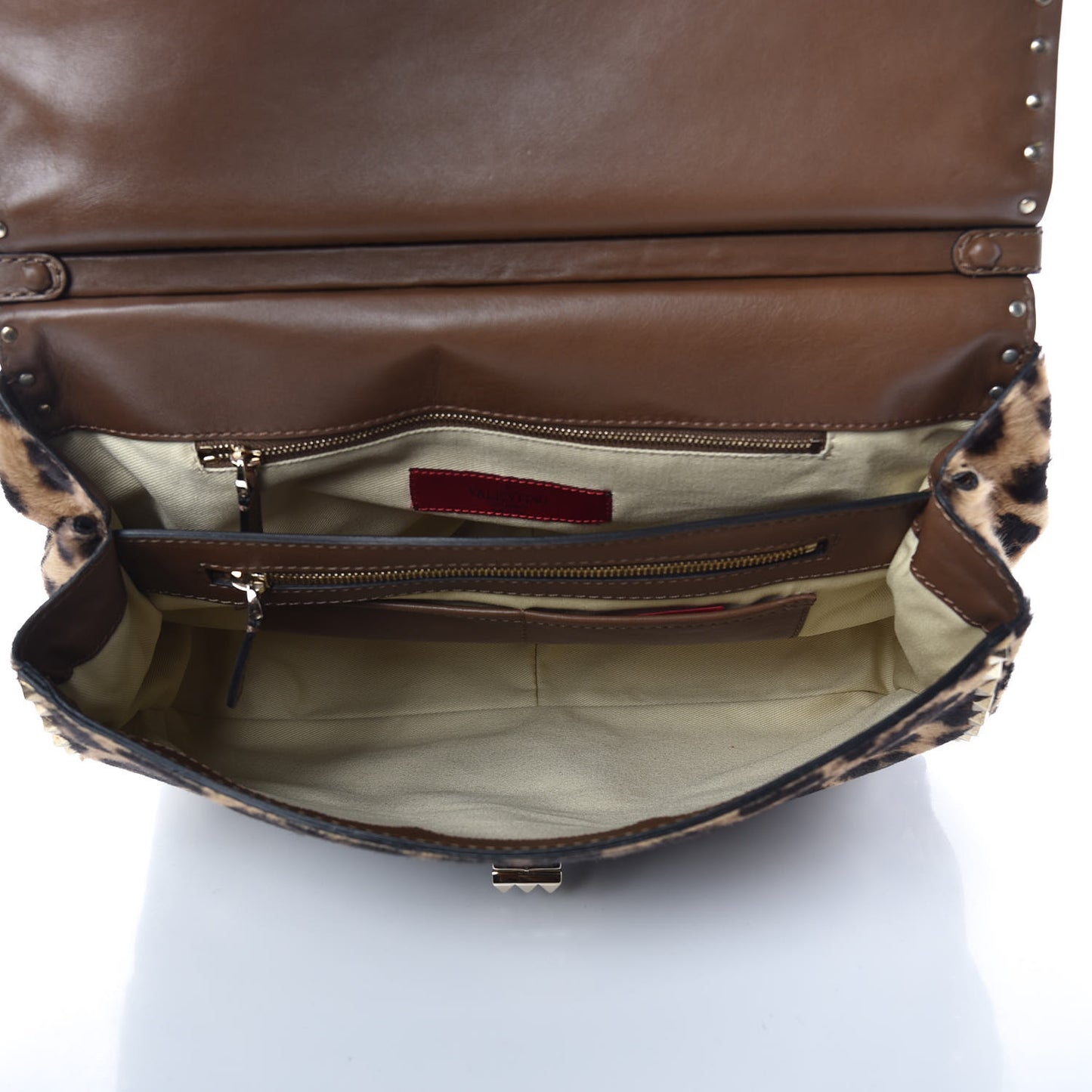 Calf Hair Leopard Print Large Rockstud Frame Handle Bag