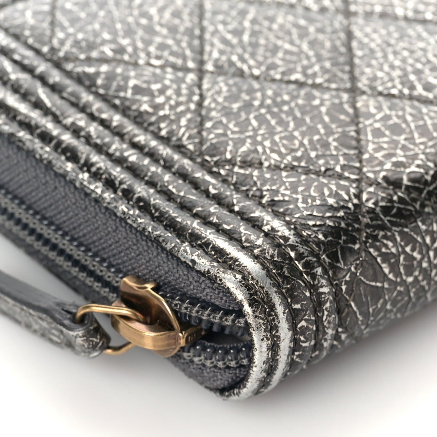 Cracked Metallic Calfskin Quilted Boy Long Zip Around Wallet Dark Silver