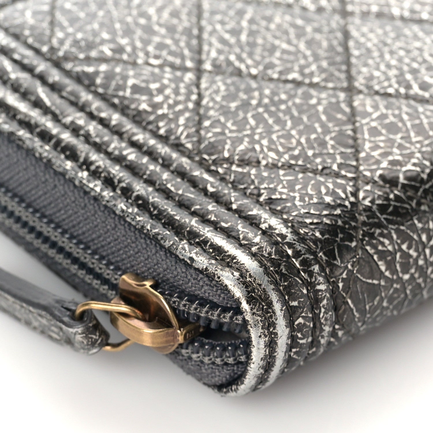 Chanel Cracked Metallic Calfskin Quilted Boy Long Zip Around Wallet Dark Silver 9 of 11