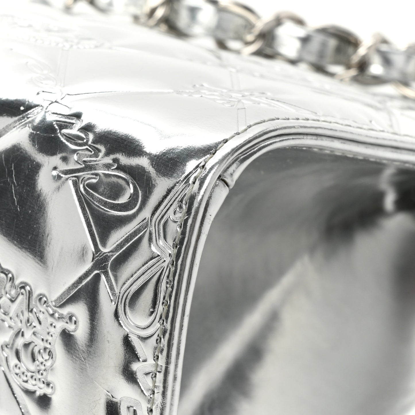 Metallic Patent Calfskin Lucky Symbols Pochette Silver
