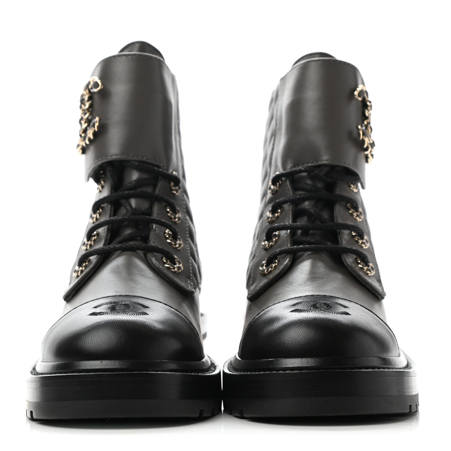 Shiny Lambskin Quilted Lace Up Combat Boots 38.5 Grey Black