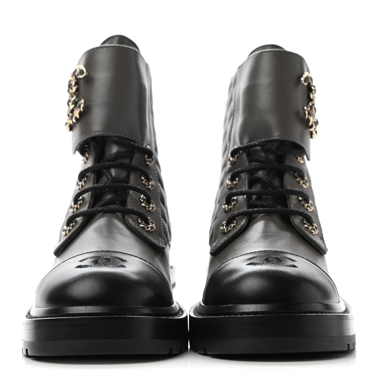 Chanel Shiny Lambskin Quilted Lace Up Combat Boots 38.5 Grey Black 2 of 13