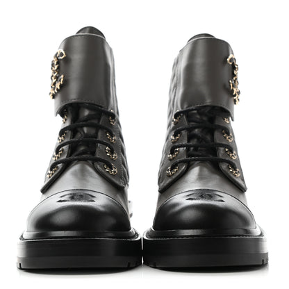 Chanel Shiny Lambskin Quilted Lace Up Combat Boots 38.5 Grey Black 2 of 13