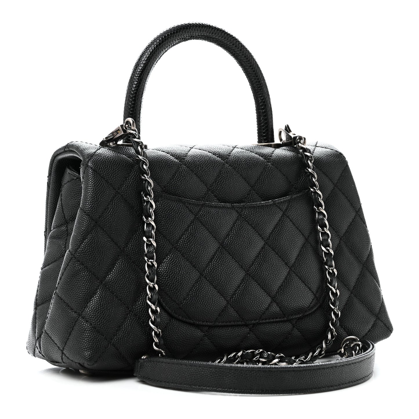 Caviar Lizard Embossed Quilted Mini Coco Handle Flap Black