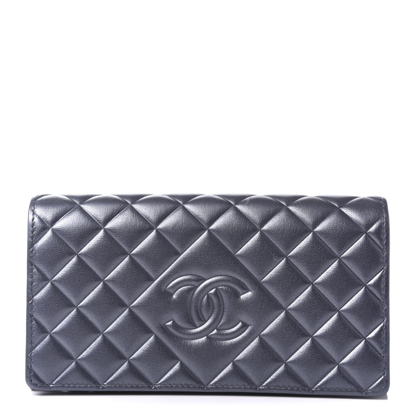 Calfskin Quilted Large Diamond CC Flap Wallet Dark Silver