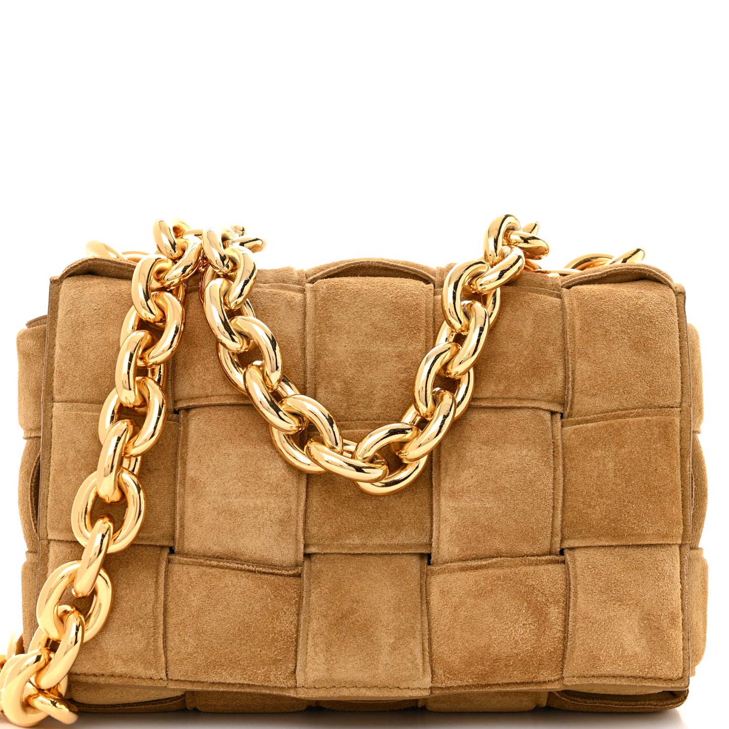 Suede Maxi Intrecciato Padded Chain Cassette Crossbody Bag Taupe