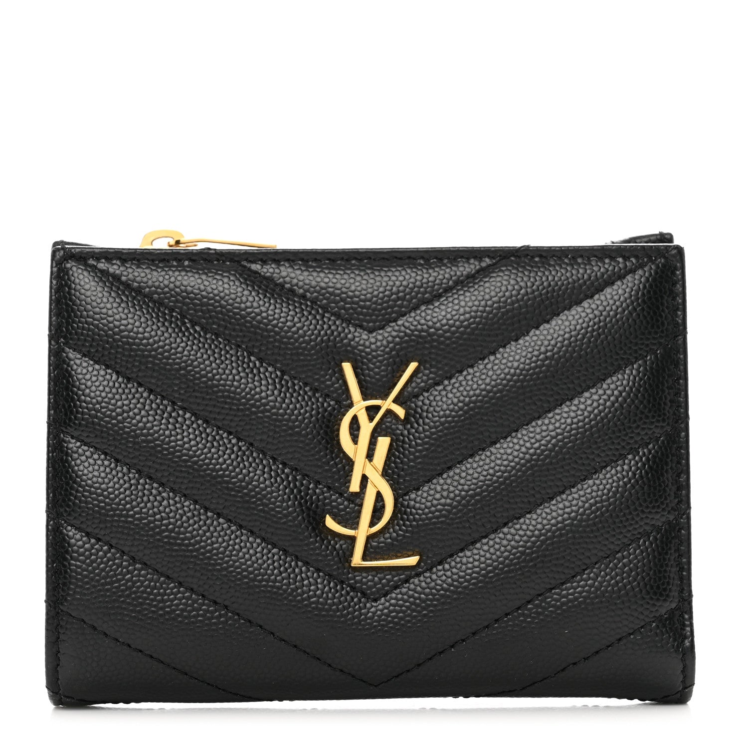 Saint Laurent Grain De Poudre Matelasse Chevron Monogram Zipped Two-Part Wallet Black 1 of 7