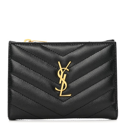 Saint Laurent Grain De Poudre Matelasse Chevron Monogram Zipped Two-Part Wallet Black 1 of 7