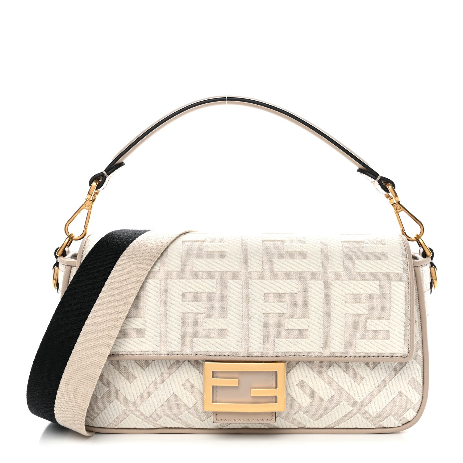 Fendi Canvas Vitello King FF Embroidered Baguette Grezzo White Nuvola 1 of 9