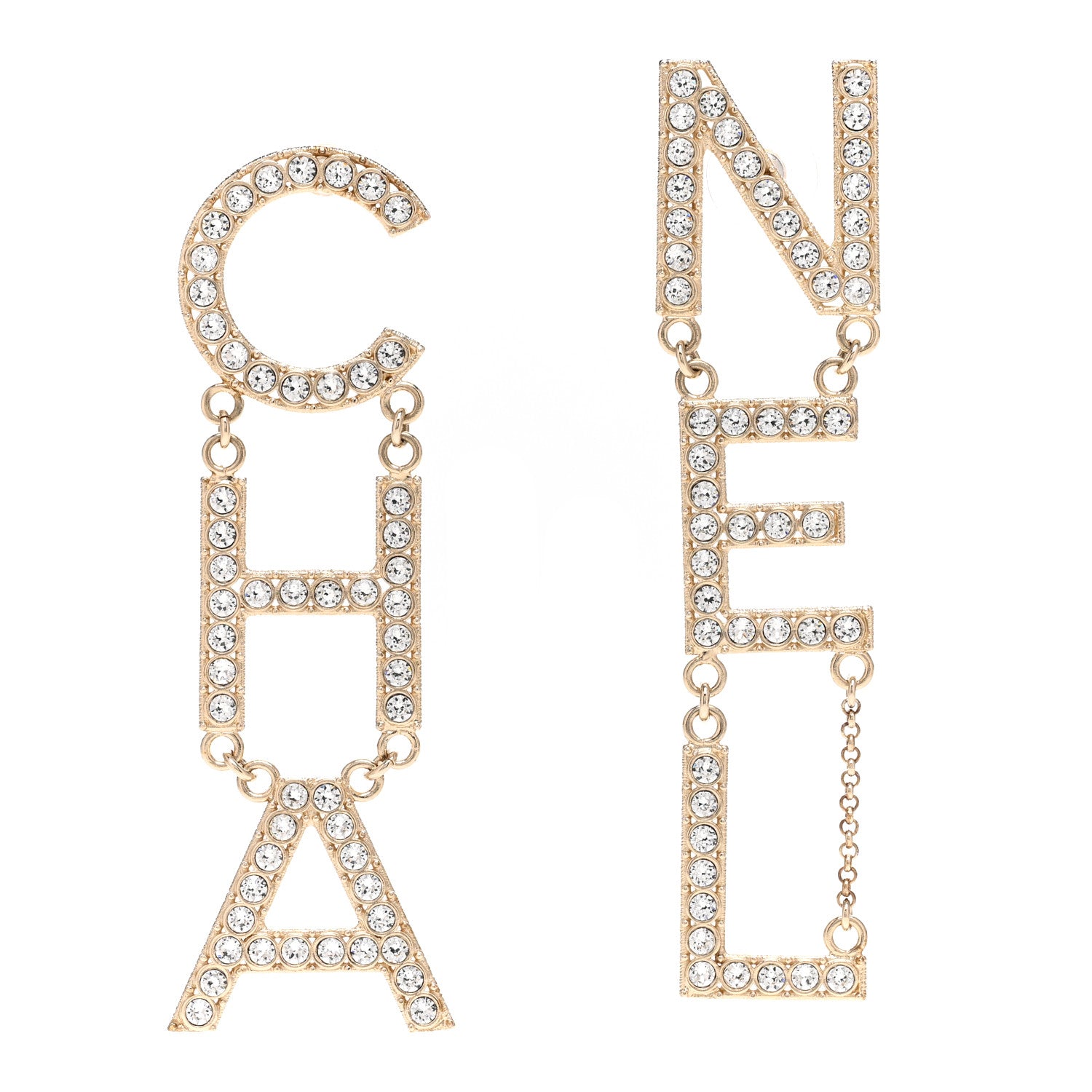 Chanel Crystal Cha-Nel Logo Drop Earrings Gold 1 of 4