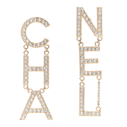 Chanel Crystal Cha-Nel Logo Drop Earrings Gold 1 of 4