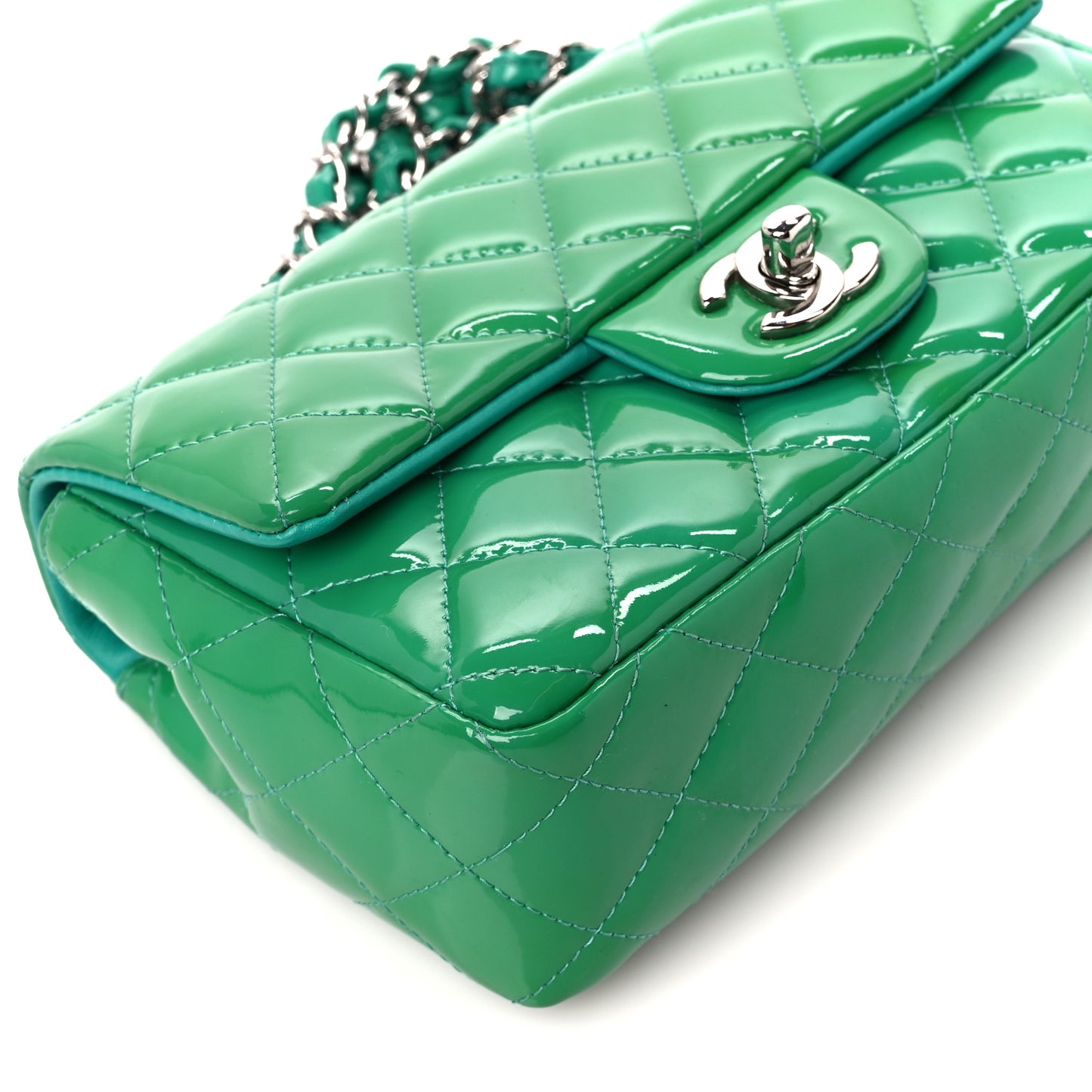 Patent Calfskin Quilted Mini Rectangular Flap Green