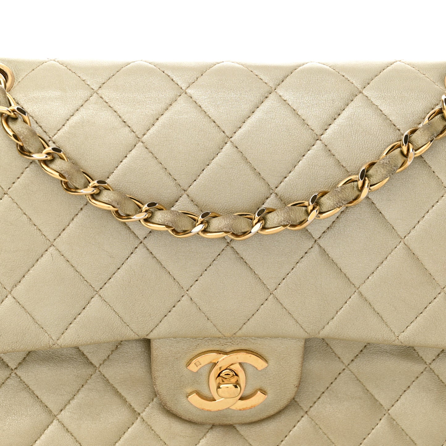 Metallic Lambskin Quilted Medium Double Flap Gold