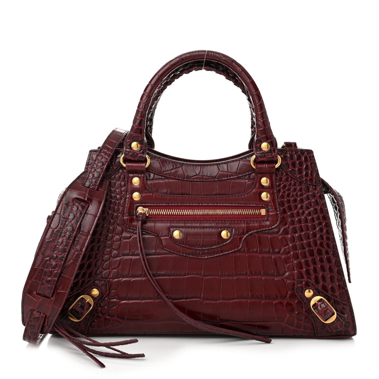 Balenciaga Shiny Supple Calfskin Crocodile Embossed Classic Gold Hardware S City Dark Red 1 of 10