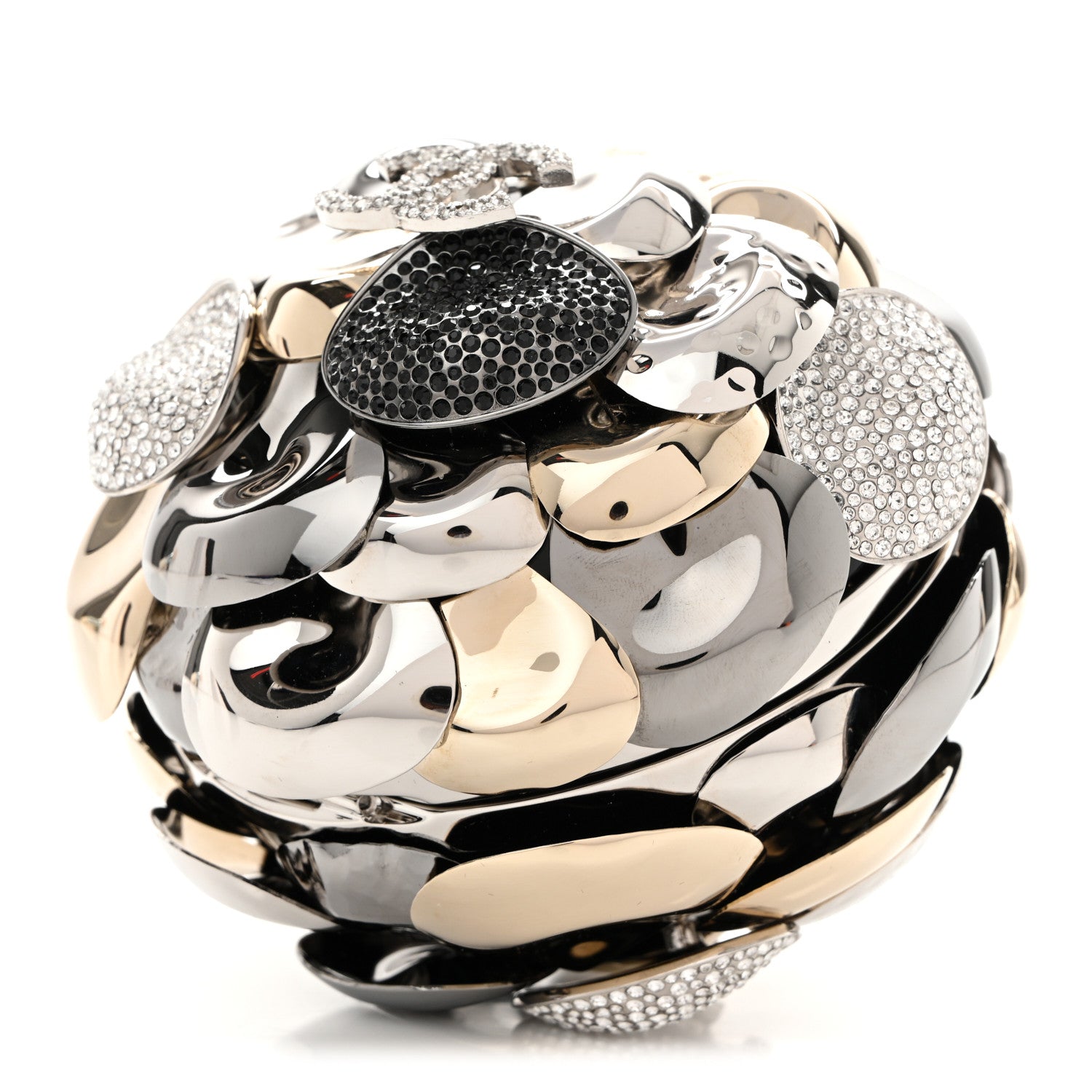 Chanel Metal Strass Crystal CC Camellia Minaudiere Clutch Gold Silver Black 1 of 12