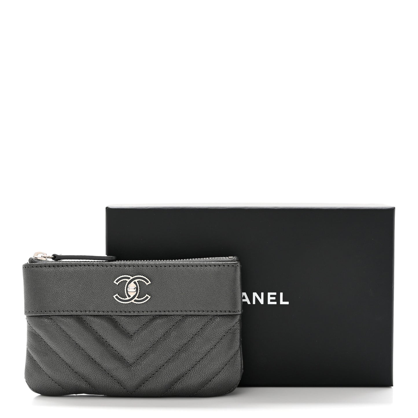 Metallic Sheepskin Chevron Quilted Small Vintage Mademoiselle Cosmetic Case Dark Grey