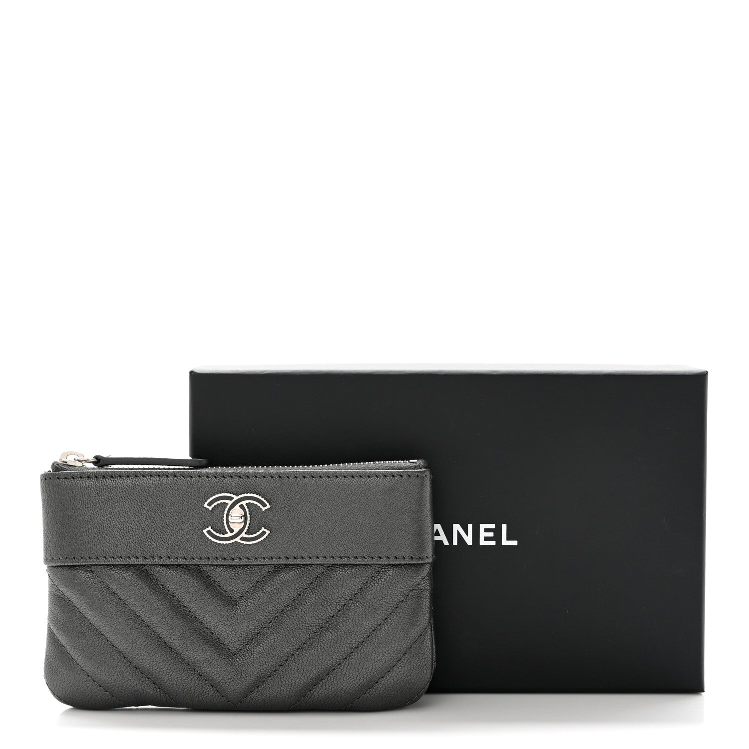 Chanel Metallic Sheepskin Chevron Quilted Small Vintage Mademoiselle Cosmetic Case Dark Grey 8 of 8
