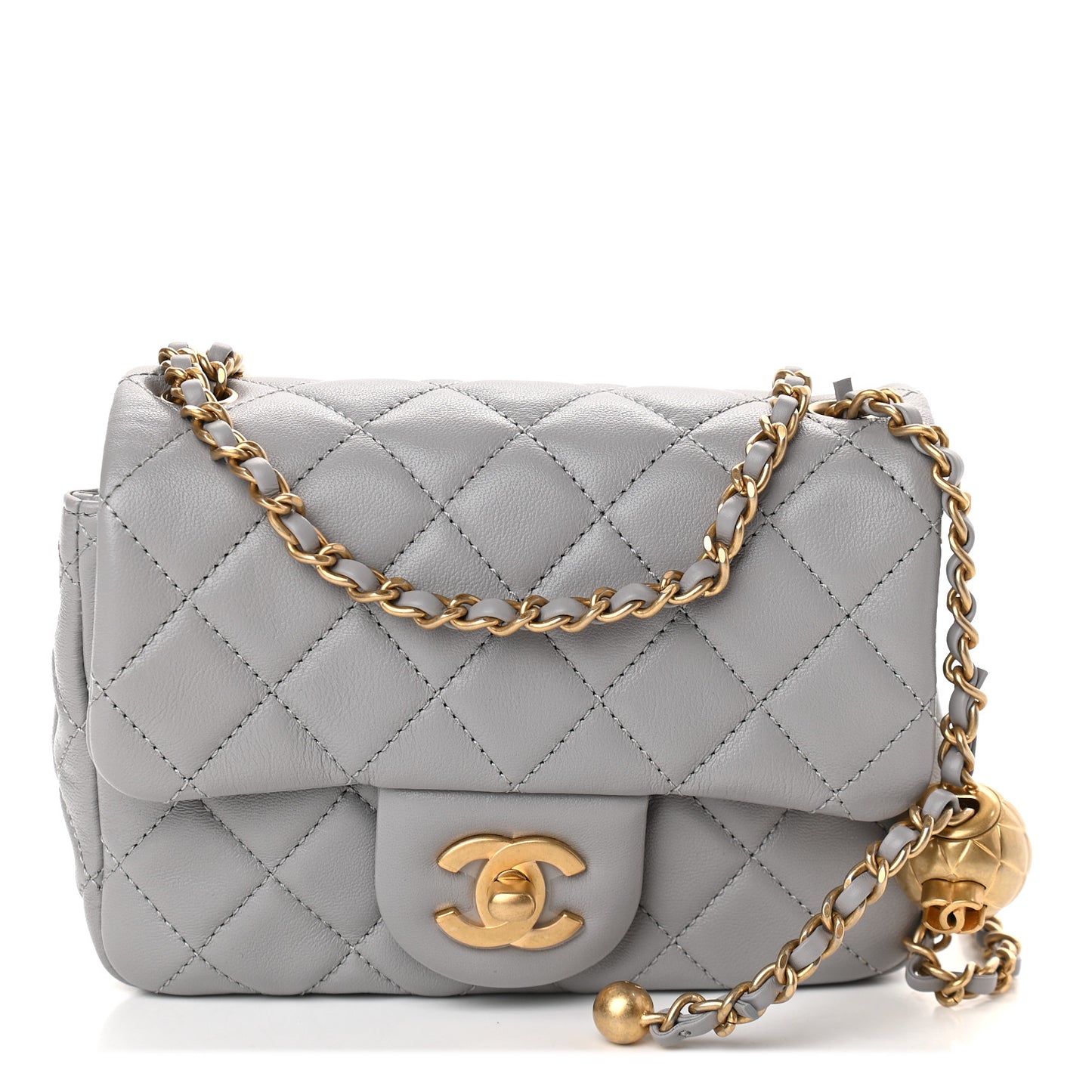 Lambskin Quilted Mini Pearl Crush Flap Light Grey