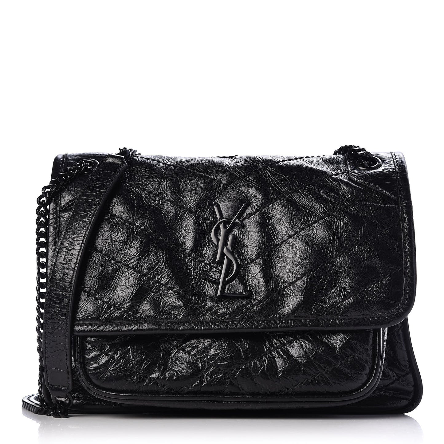 Crinkled Calfskin Matelasse Monogram Baby Niki Chain Satchel Black